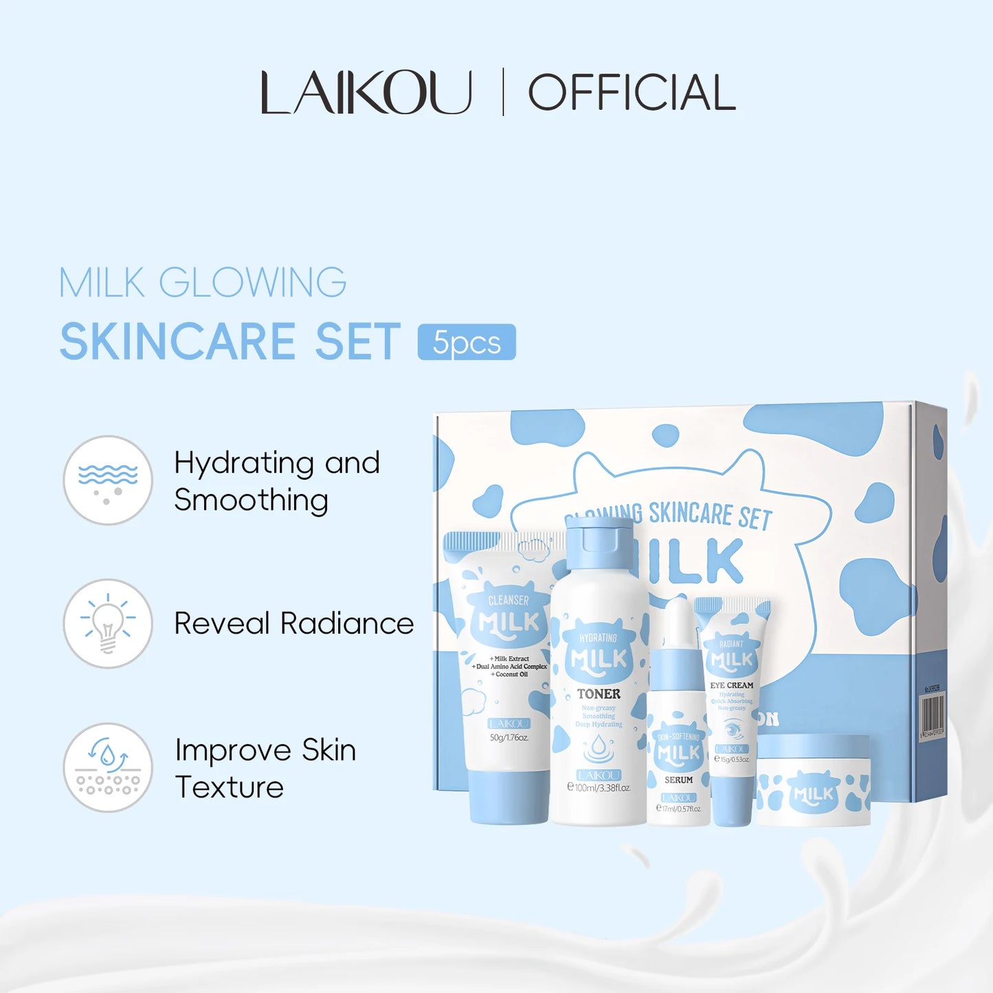 LAIKOU™ Milk Glow Set – Deep Hydration & Brightening Facial Kit