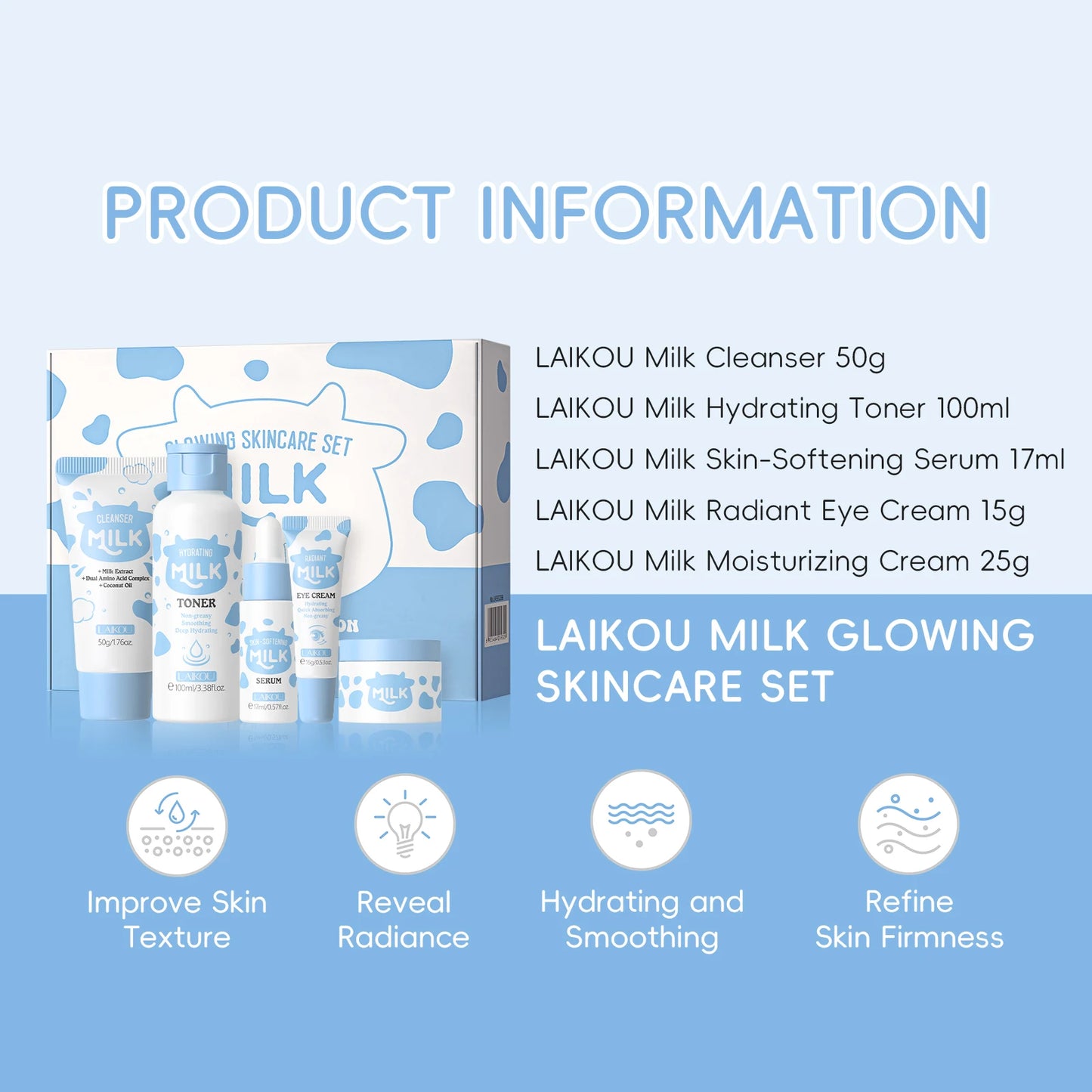 LAIKOU™ Milk Glow Set – Deep Hydration & Brightening Facial Kit